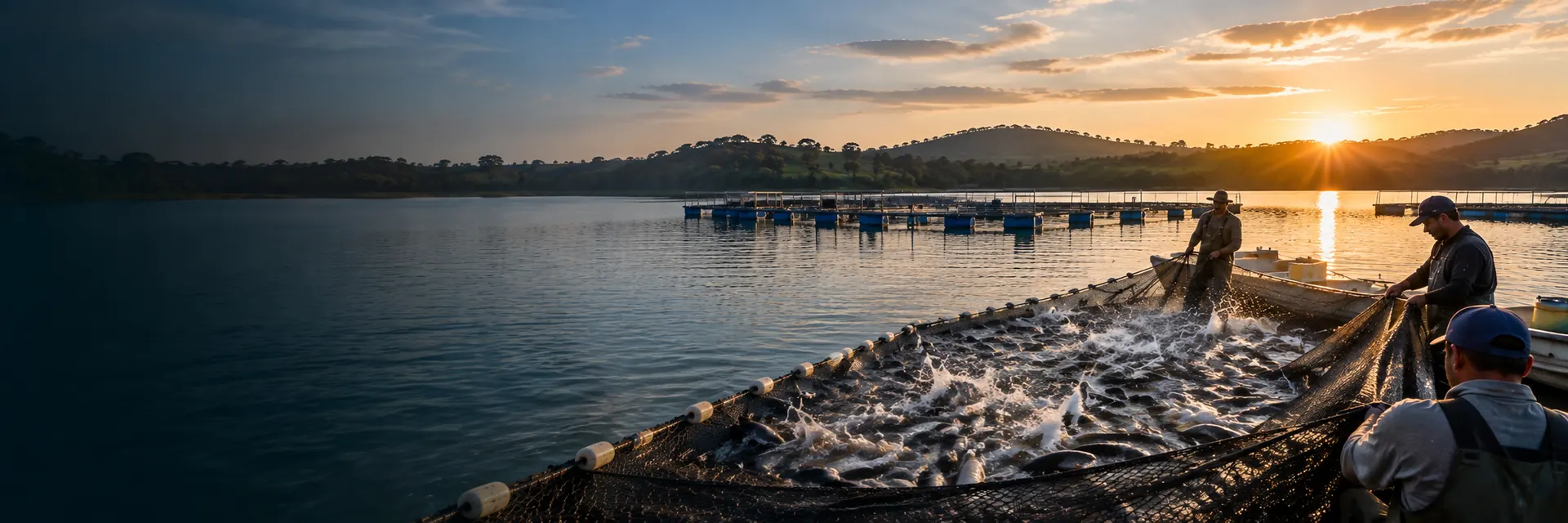 Despesca em tanques-rede ao entardecer, com equipe manejando a rede