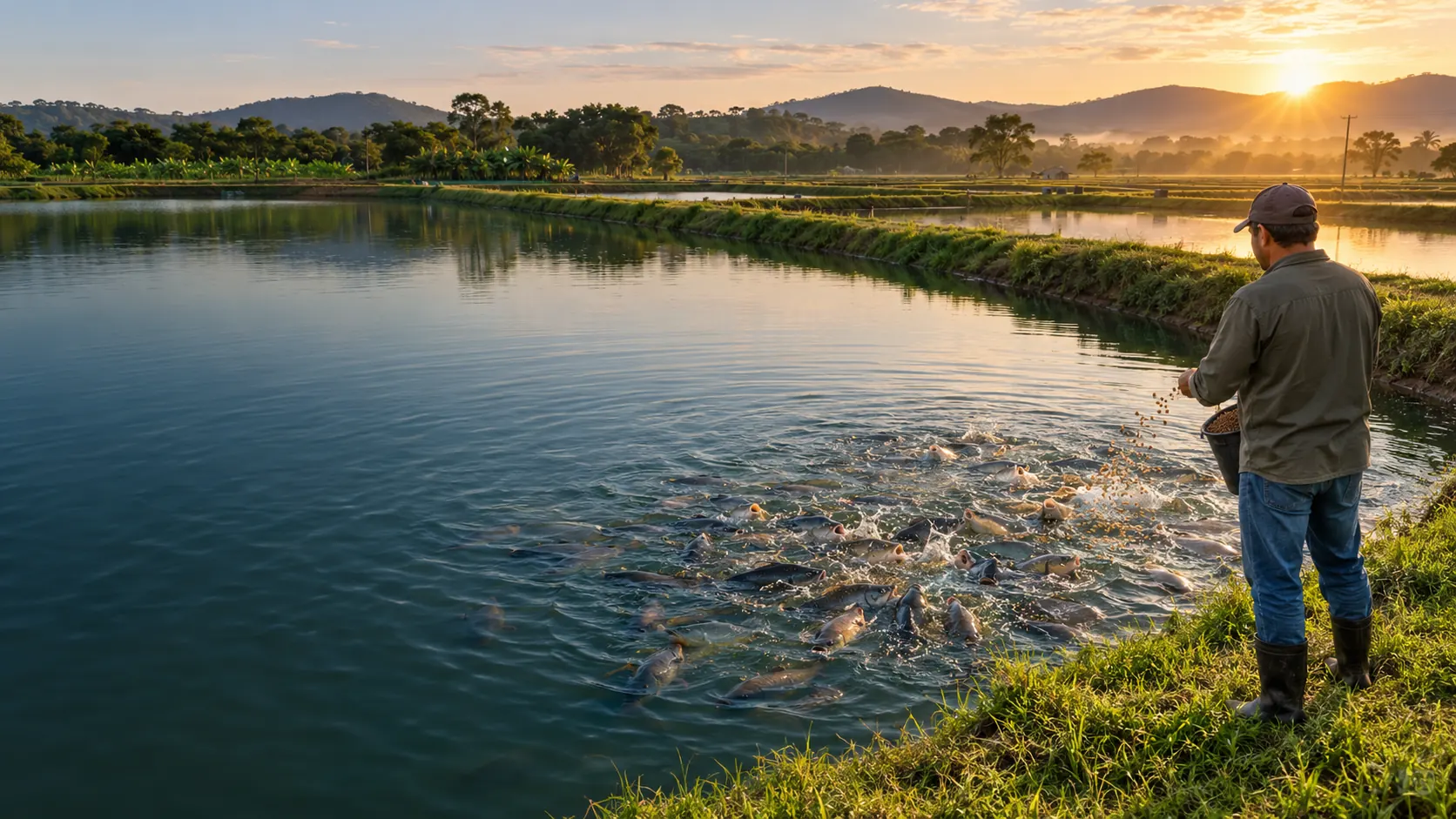 Piscicultor distribui ração aos peixes à beira de um viveiro, ao amanhecer